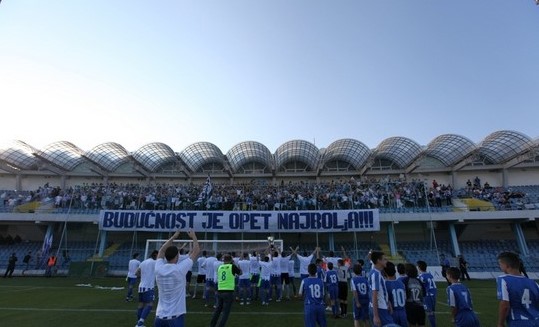 FK Budućnost celebrate their victory in the Montenegro Prva Liga